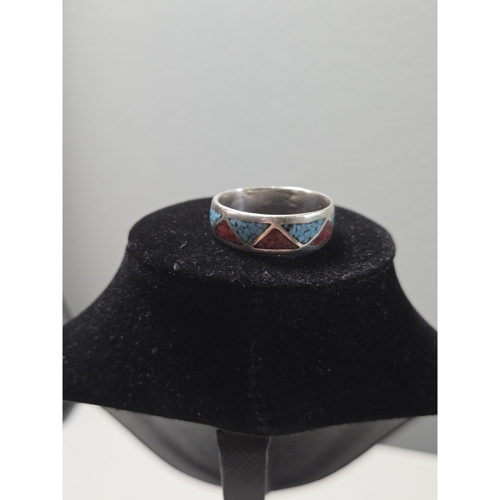 Vintage 925 Silver Turquoise & Coral Crushed Inlay Native American Ring Sz 11.5